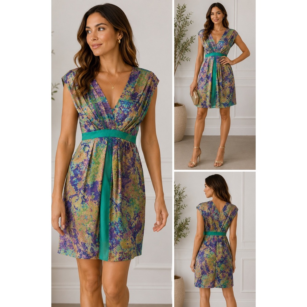 Tibi New York 100% Silk Abstract Watercolor Print V-Neck Sheath Cocktail Dress 2